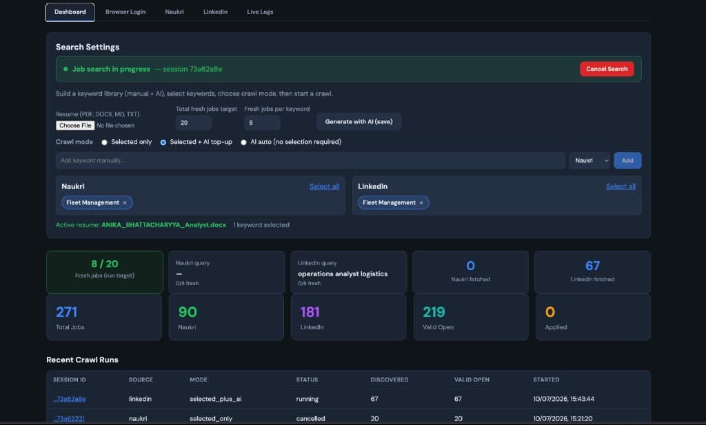 Job Crawler dashboard with search settings and fresh-job metrics