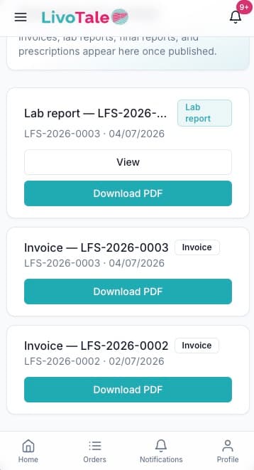 LivoTale patient documents download screen