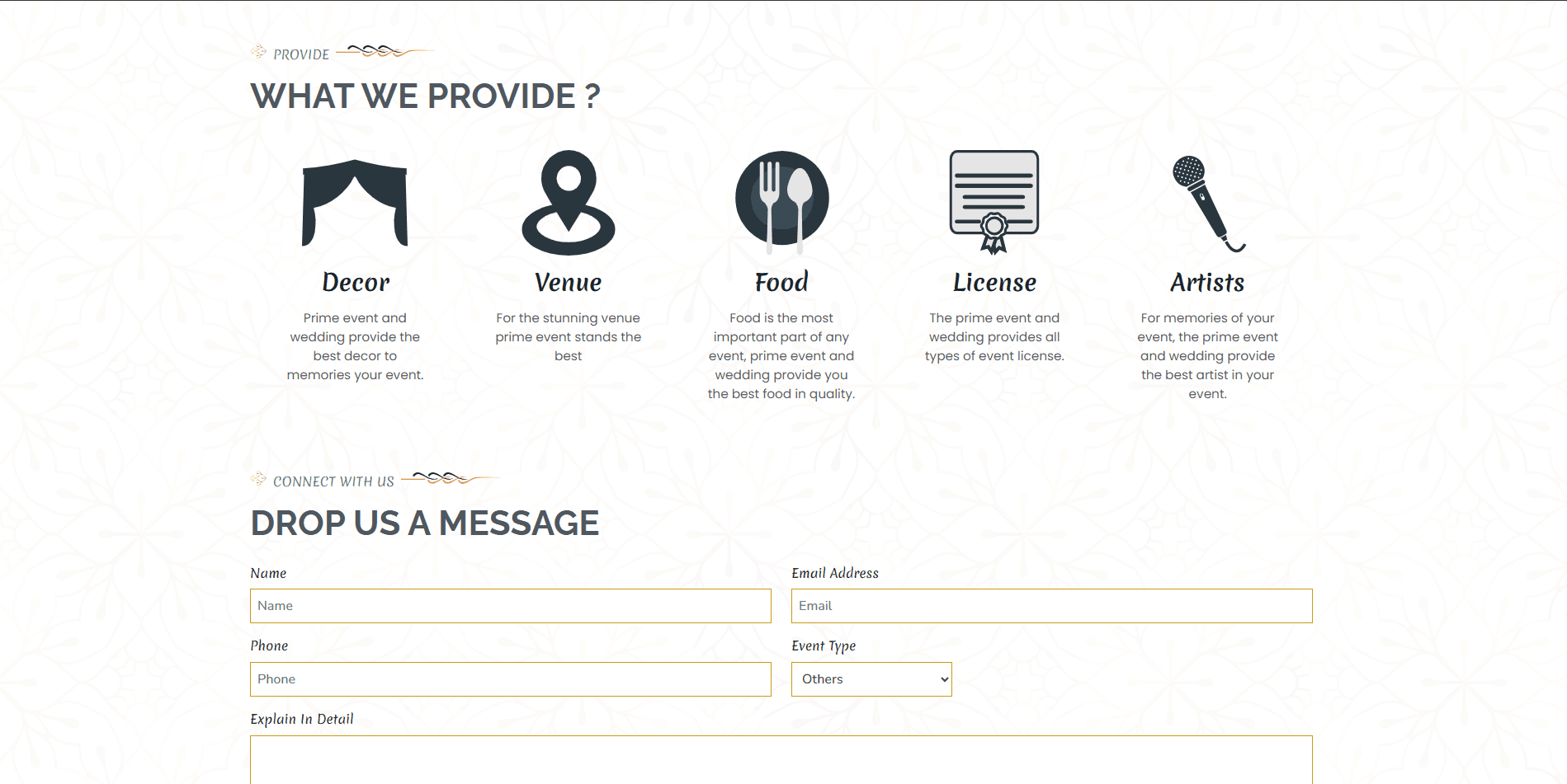 Prime Event & Wedding services and contact form
