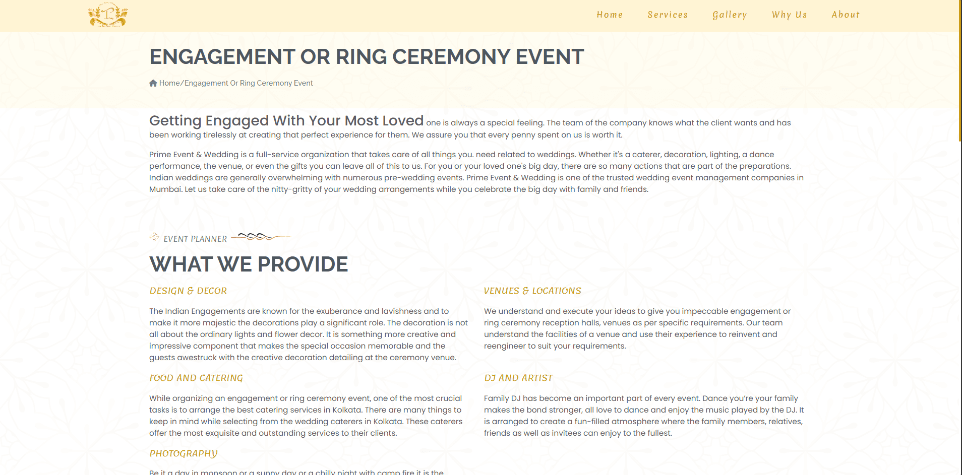 Prime Event & Wedding engagement ceremony page