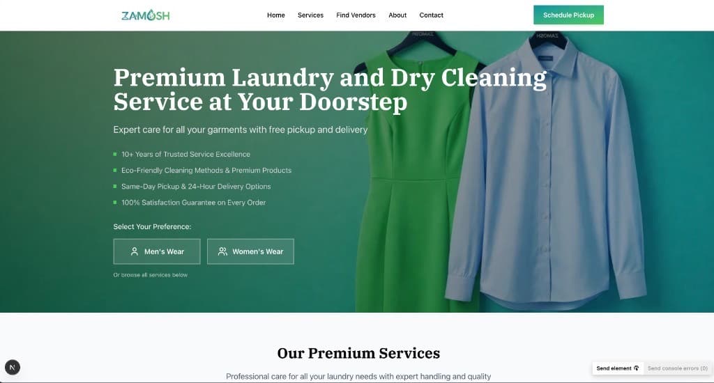 Zamosh homepage hero with premium laundry messaging and preference CTAs