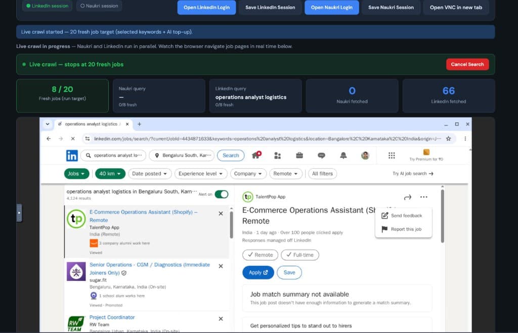 Live LinkedIn crawl with embedded browser view