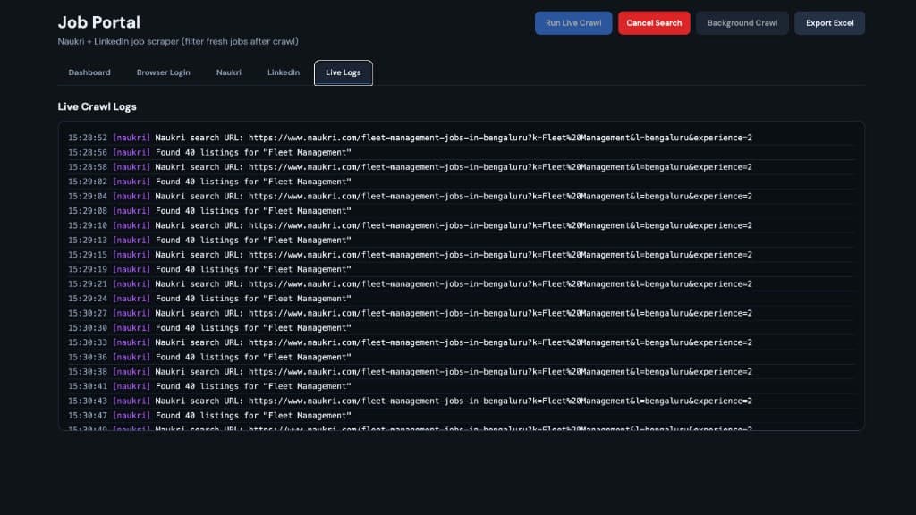 Live crawl logs streaming Naukri search activity