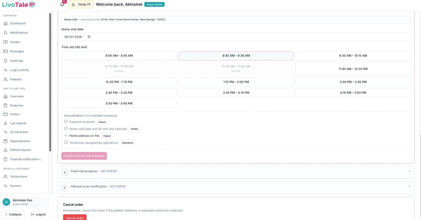 LivoTale order workflow with parallel clinical steps