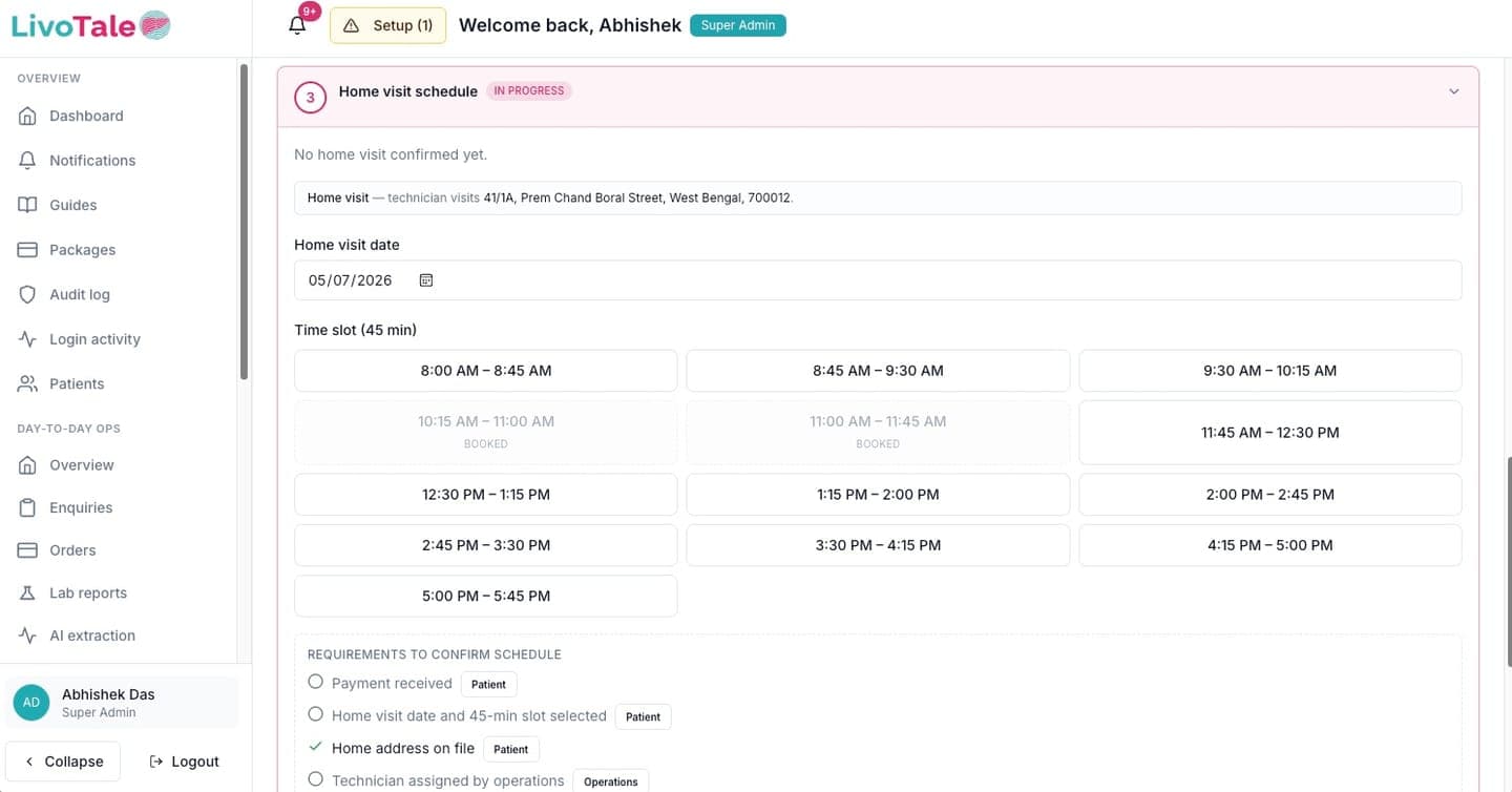 LivoTale home visit scheduling with time slots
