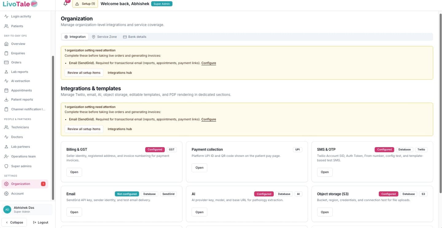 LivoTale organization integrations settings