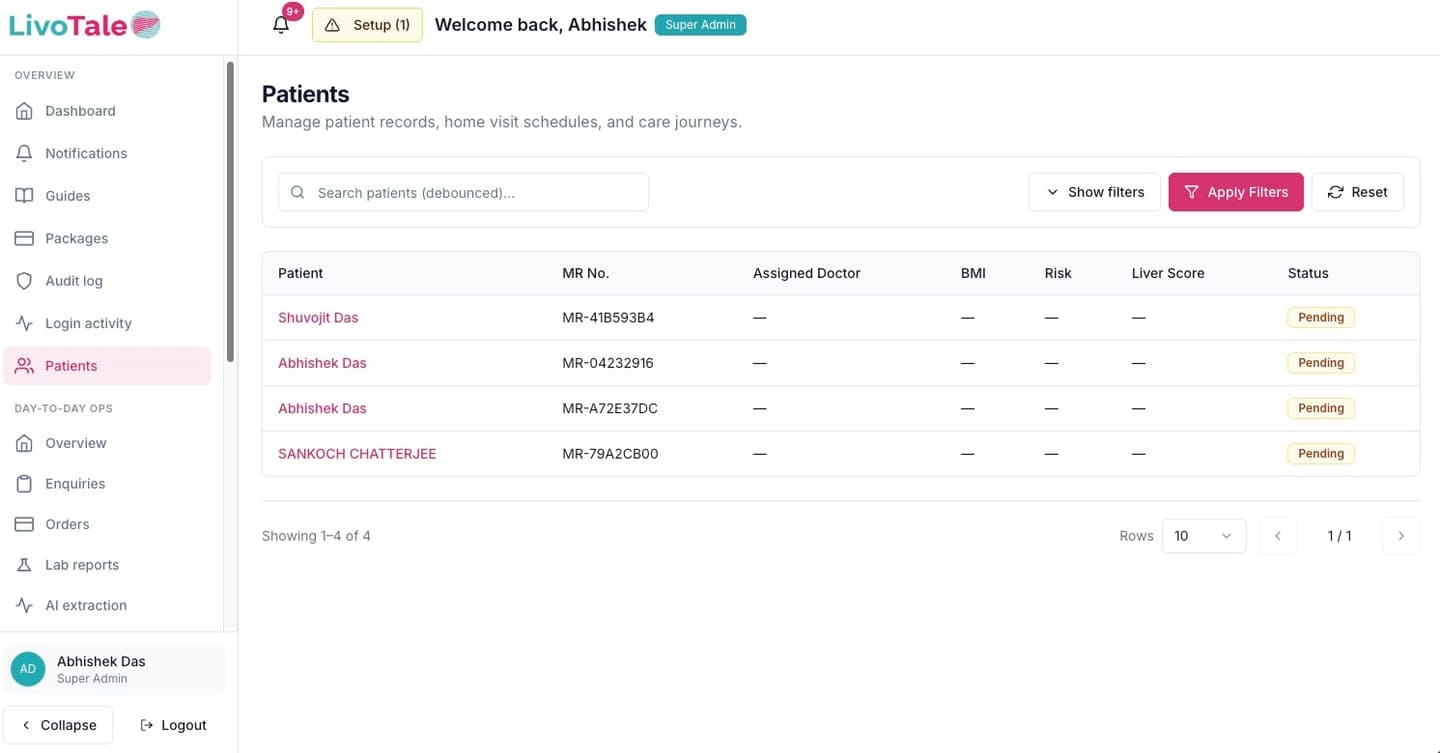 LivoTale patients list with search and filters