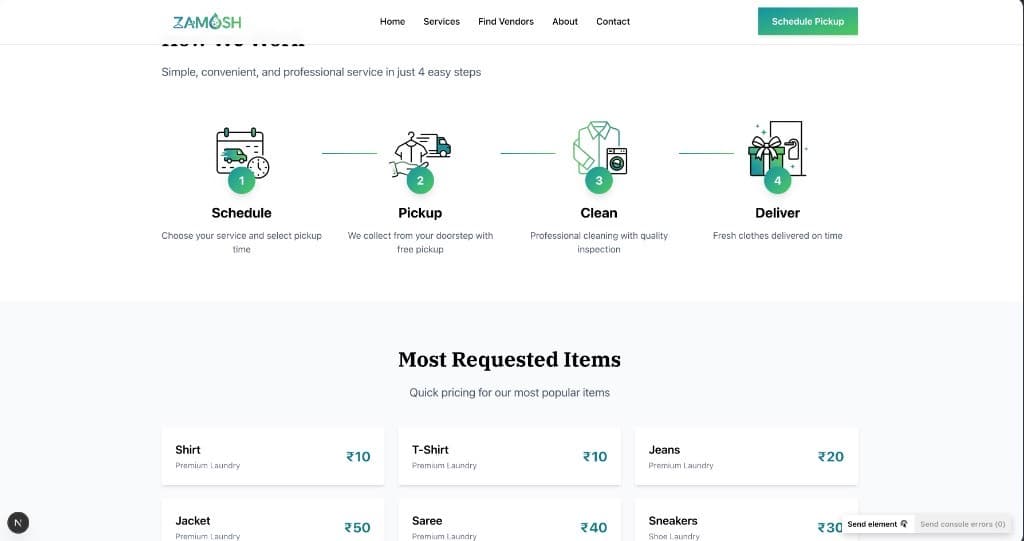 Zamosh How We Work steps and Most Requested Items pricing