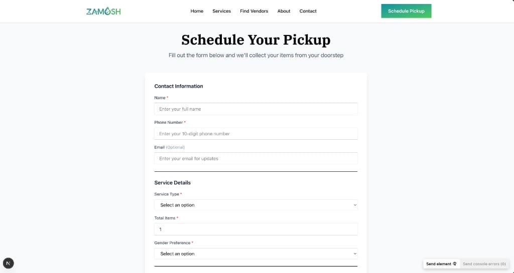 Zamosh Schedule Your Pickup booking form