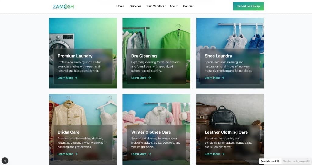 Zamosh six-service grid with Premium Laundry, Dry Cleaning, and specialty care